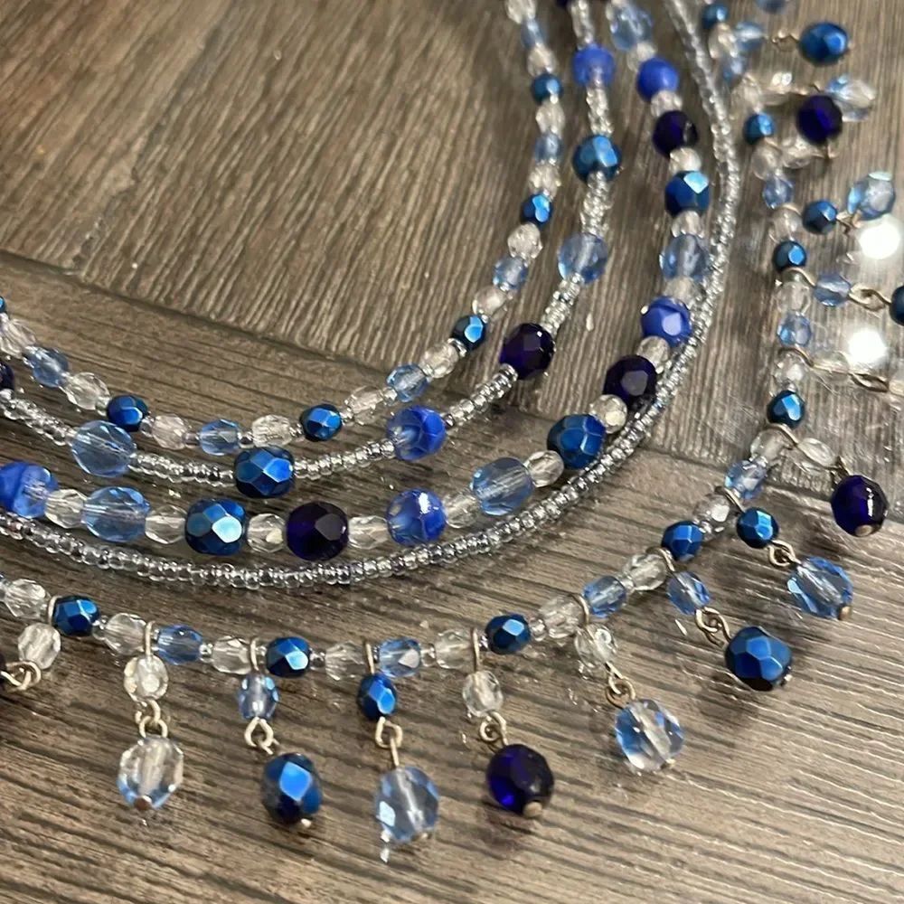 Vintage CZECH REPUBLIC 5 Strand Bib Statement Necklace Blue Cut Glass Beads - Picture 2 of 15